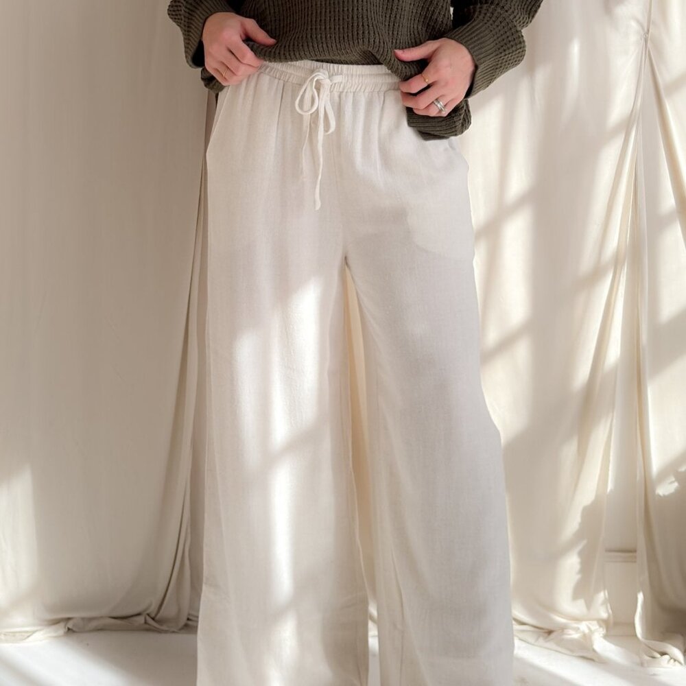 Ivory Linen Blend Wide Leg Drawstring Pants - Picture 9 of 16